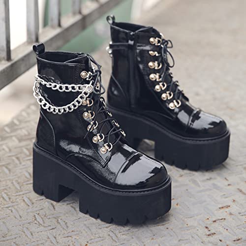 Gdgydh Black Platform Boots For Women With Fashion Chain Chunky Heeled Studded Combat Boots Lace Up And Zipper Goth Emo Shoes Cosplay Halloween Ankle Booties For Daughter #TOP7