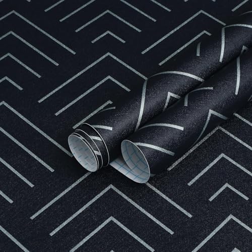 Image of TEKCOOL Self Adhesive Wallpaper Blue and Gold Pattern Peel and Stick Wallpaper Gold Lines Geometric Sticky Back Vinyl Removable Contact Paper Wall Covering Decorative Film DIY 45x300cm (Blue-3pc);