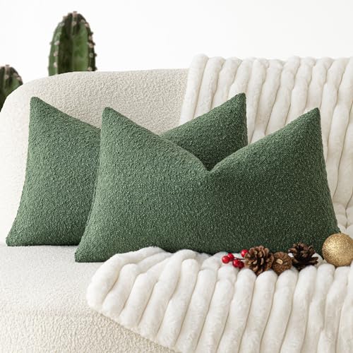 Image of Foindtower Pack of 2 Textured Boucle Throw Pillow Covers Accent Solid Decorative Lumbar Pillow Cases Cozy Couch Cushion Case for Chair Sofa Bed Living Room Home Decor 12 x 20 Inch Hunter Green
