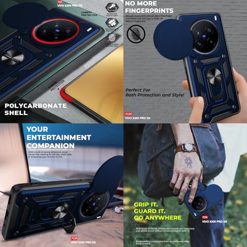 Image of AESTMO TPU+PC Tough Armor Vivo X200 Pro 5G Bumper Back Case Cover | Ring Holder & Sliding Camera Shield Cover | 360 Degree Protection Back Case Cover for Vivo X200 Pro 5G (Blue)