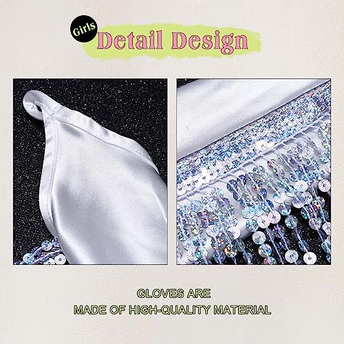 Women's Sparkly Sequin Fingerless Elbow Length Satin Fringe Gloves for Prom Party4