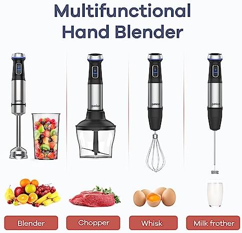 Ganiza Immersion Blender 5 in 1 Hand Blender 800W Heavy Duty Motor, 15 Speed and Turbo Mode Handheld Blender Stainless Steel Blade With 800ml Mixing Beaker, 600ml Chopper, Whisk and Milk Frother (Silver-1)