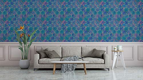 Image of DWELLSINDIA Moroccan Pattern Self Adhesive Wallpaper Waterproof, Scratch Resistant, Laminated 41cm x 244cm, Blue, Glossy