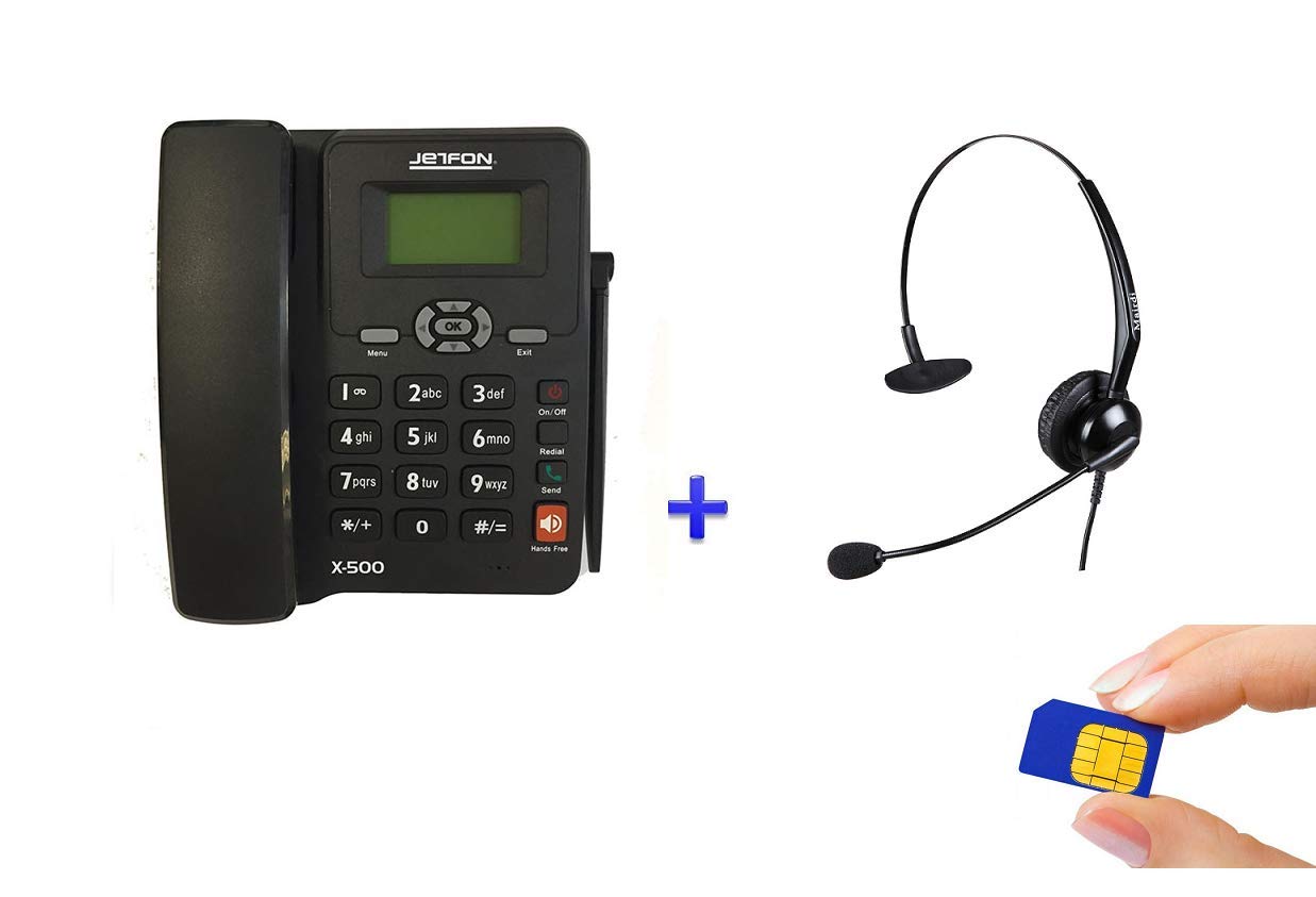 Telefon stacjonarny z kartą SIM i słuchawkami