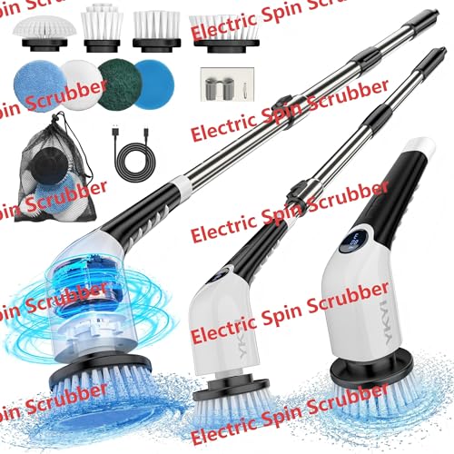YKYI Electric Spin Scrubber,Cordless Cleaning Brush,Shower Cleaning Brush with 8 Replaceable Brush Heads, Power Scrubber 3 Adjustable Speeds,Adjustable & Detachable Long Handle,Voice Broadcast