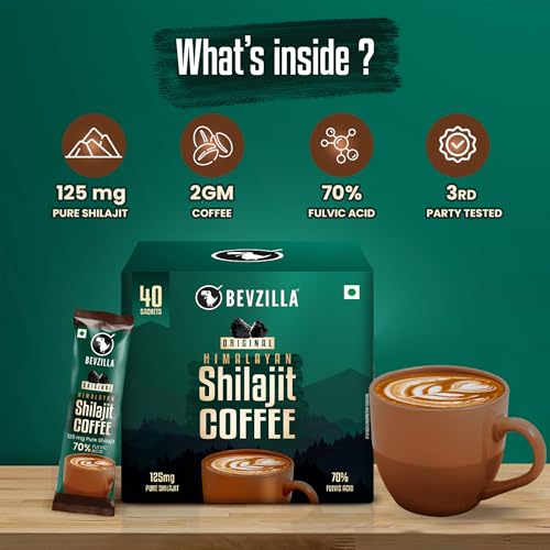 Image of Bevzilla Himalayan Shilajit Coffee Powder Sachets | 100g (40 Sachets x 2.5g) | 70% Fulvic Acid | Energy & Stamina Booster | Supports Muscle Recovery | 40 Cups | For Men & Women