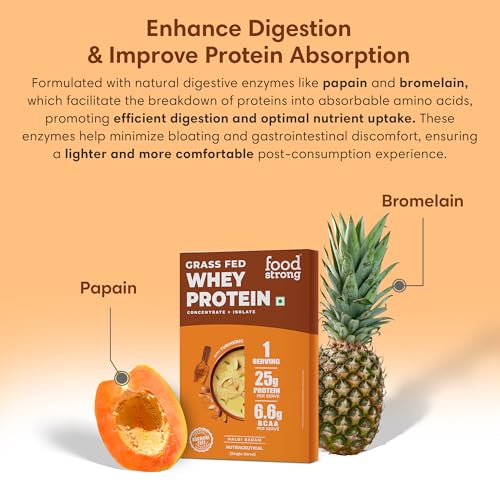 Image of Foodstrong Whey Protein Powder (Concentrate + Isolate), 100% Hormone Free Grass-Fed Whey, 25G Protein & 6.6G BCAA, Haldi Badam, With Turmeric & Digestive Enzymes, 34G