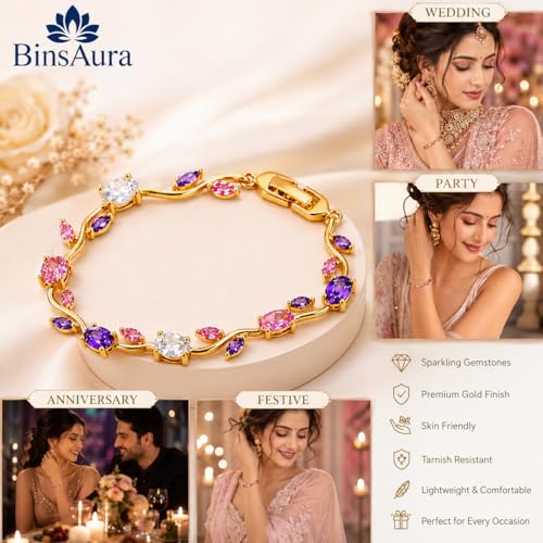 Image of BinsAura Gold Plated Crystal Bracelet for Women | Pink Purple White AAA Cubic Zirconia Tennis Bracelet | Adjustable Luxury Fashion Bracelet for Girls | Birthday Anniversary Valentine Gift Jewellery