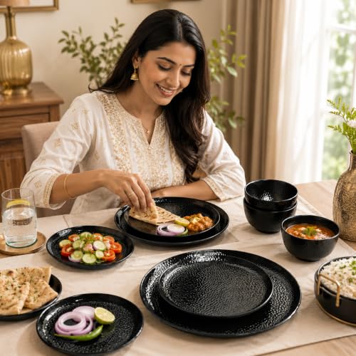 Image of Market99 Heavy-Duty Black Hammered Melamine Dinner Set - 12 Pcs | Includes 4 Dinner Plates, 4 Side Plates & 4 Soup Bowls | Matte Finish Tableware for Daily Dining, Kitchen & Elegant Mealtime Setup