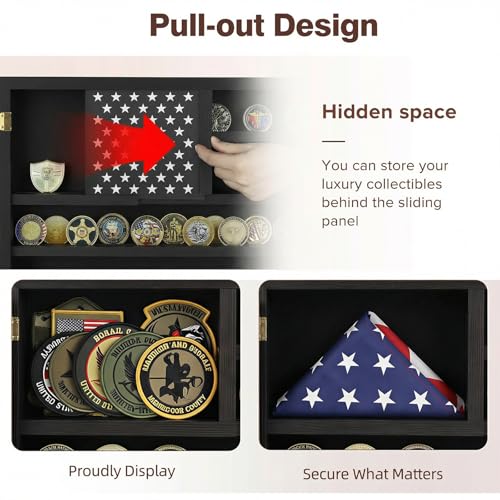 Image of TJ.MOREE Challenge Coin Display Case for Collection Wall Mount Black Wood | 13x15.8inches, American Flag Design & Hidden Storage Compartment