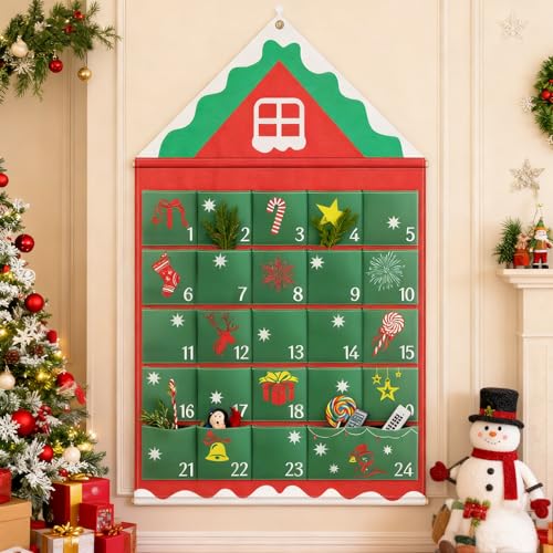 DTNESS Calendário Do Advento De Natal 2025 Em Formato De Casinha, 136 X 80 Cm, Com 24 Bolsos, Reutilizável E Preenchível, Com Bolsa De Armazenamento Para Pendurar Na Parede E Estampa Fofa