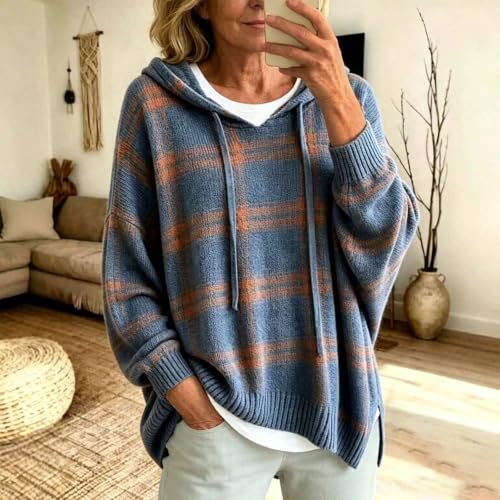 Plaid Sweaters for Women Oversized Knit Long Sleeve Casual Hooded Pullover - image 2