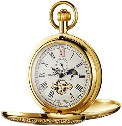 Tiong Vintage Mechanical Pocket Watch Unique Tourbillon Moon Phase Roman Numerals Scale Double Hunter Pocket Watches & Gift Box