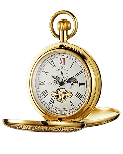 Double Hunter Hollow Reloj de bolsillo mecánico doble abierto Tourbillon fase lunar automático aut