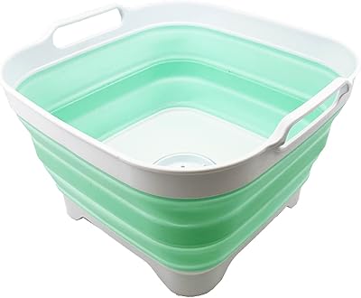 SAMMART 10L (2.64 Gallon) Collapsible Dishpan with Draining Plug - Foldable Washing Basin - Portable Dish Washing Tub - Space Saving Kitchen Storage Tray (White/Pale Jade)