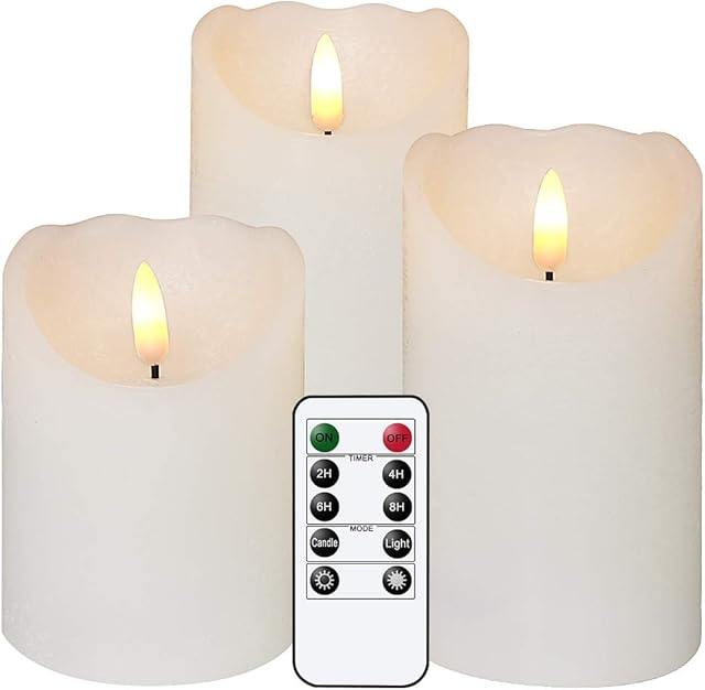 Eldnacele Flameless Flickering Candles with Remote, 3D Wick Real Wax Battery Operated White Pillar Candles with Timer Set of 3 for Home Wedding Party Christmas Decoration (D3 x H456) White