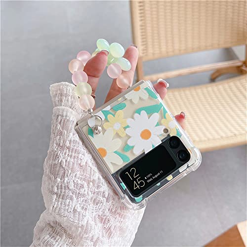 Cute Daisy Phone Case Compatible With Samsung Galaxy Z Flip 4 Hard Cover With Flower Wrist Strap Chain For Z Flip 4 5G Acrylic Shockproof Cases - Clear #TOP3
