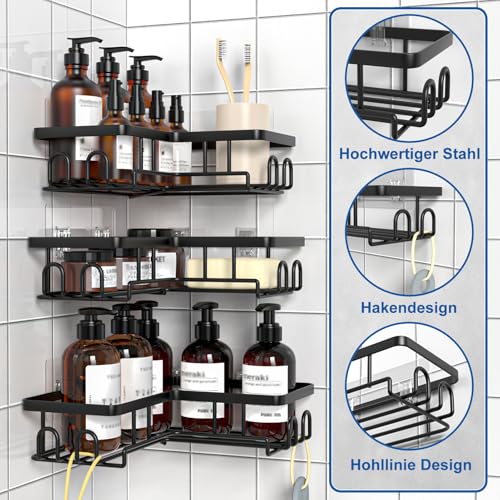 Diwoker Duschablage Ohne Bohren Ecke - Rostfreier Duschregal Badezimmer Organizer Shampoo Halterung für Dusche (Schwarz - 3 Stück)