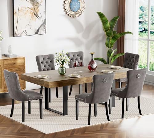 Image of Brown Dining Room Table Set for 6, 7-Piece 63 inch-78.74 inch Extendable Dining Table Set with 6 Upholstered Chairs, Rectangle Wooden Expanding Kitchen Table and Grey Chairs Set