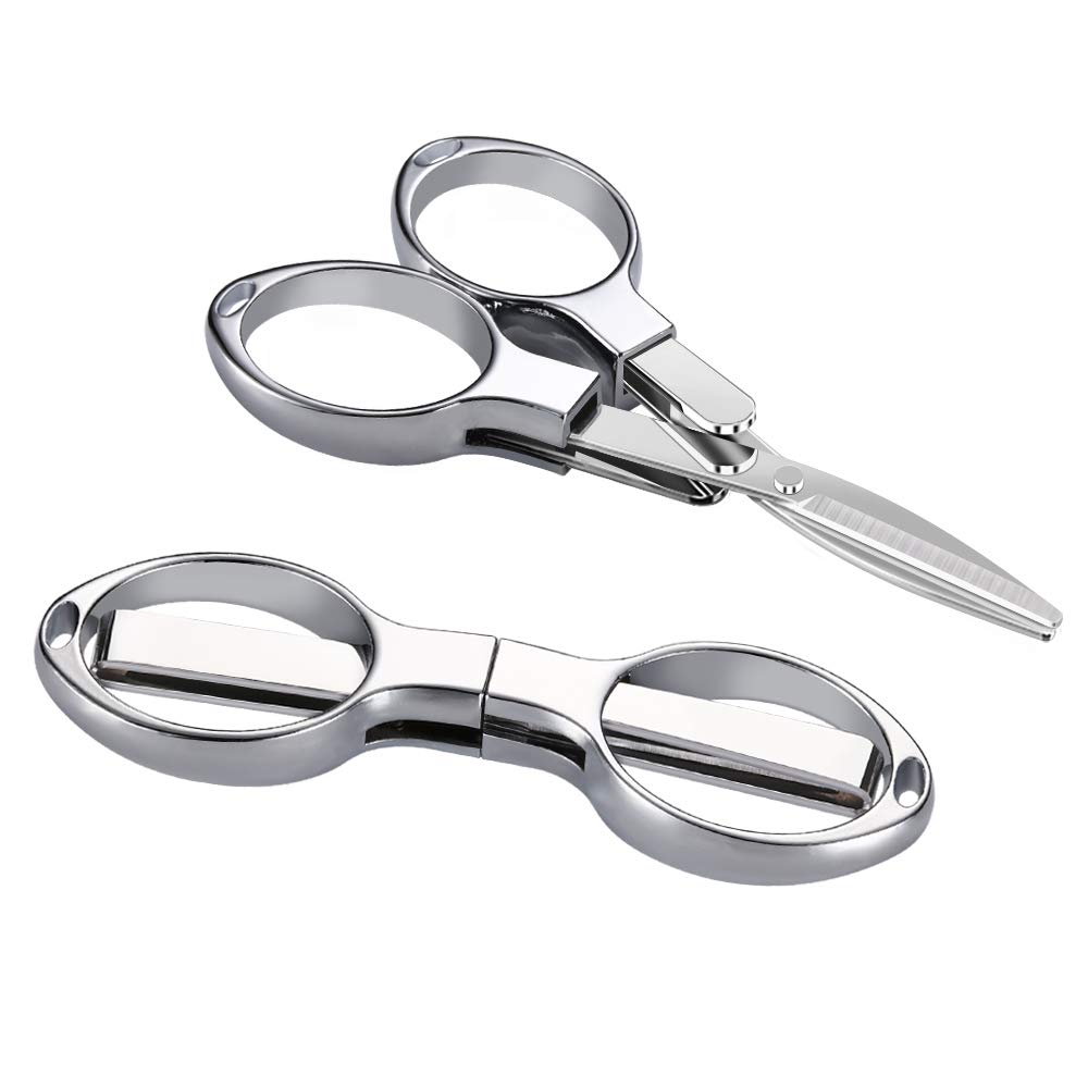 CukAid Folding Scissors,2 Pcs Keychain cissors, Safety Portable Travel Trip Scissors,Stainless Steel Telescopic Cutter Used for Home, Office, Fishing (Gray)