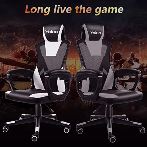 YOLEO Gaming Chair for Adult, Ergonomic Home Office Desk Chairs Lumbar Support High Back Swivel Racing Style Computer Games Chair Larger Armrest with Height Adjustable and Headrest-Black/White