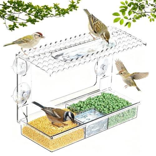 Vogelfutterhaus Fenster Saugnäpfe Vogelfutterspender Fenster 24x16x11cm Vogelhaus Fensterbrett mit Abnehmbar Futterspender Transparente Fenster Vogelfutter Durchsichtiges Vogelhaus Fenster Futterhaus