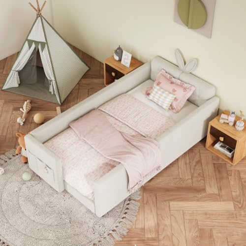 Image of Twin Size Bed Frame for Kids, Upholstered Daybed Frame Floor Bed with Safety Rails and Storage Pocket Cute Rabbit Ear Shaped Headboard for Kids Teens Boys Girls, Beige