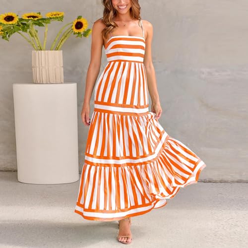 Image of KMBANGI Women Striped Sleeveless Maxi Dress Swing Patchwork Midi Dress Smocked Spaghetti Strap Colorful Long Sundress
