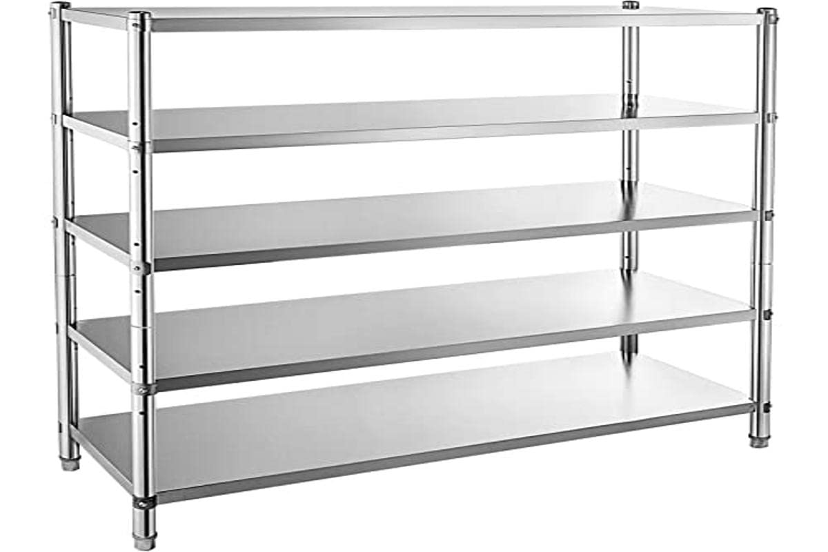 VEVORStainless Steel Shelving 60x18.5 Inch 5 Tier Adjustable Shelf Storage Unit Stainless Steel Heavy Duty Shelving for Kitchen Commercial Office Garage Storage 330lb Per Shelf