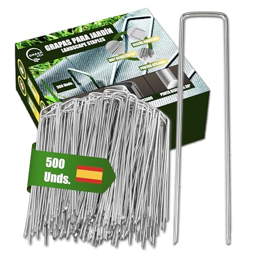 GREENGOF Grapas para Malla Antihierba, Cesped Artificial y Jardin, 500Unds - Acero Galvanizado, 15x4cm, Ø3mm - Ultra Resistentes y Anticorrosivas - Piquetas de Jardín, Anclaje al Suelo.