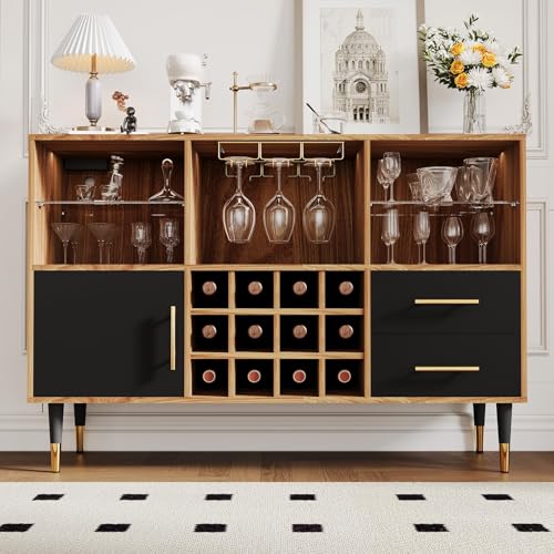 Image of 47 inch Bar Cabinet with LED Lights & Charging Station, Freestanding Liquor Cabinet with for Living Room, Decorative Kitchen and Living Room Compact Wine Bottle Storage for Living Room, Brown