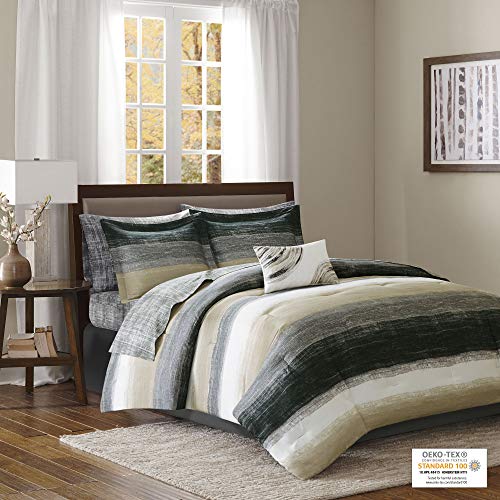Madison Park Essentials Bed In A Bag Comforter, Vibrant Color Design All Season Down Alternative Cover With Complete Cotton Sheet Set, Twin(68"X86"), Saben, Stripe Taupe 7 Piece #TOP2