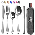 Taplord Portable Travel Silverware Set With Case, Includes 5 Pcs of Travel Utensils With Case, Stainless Steel Flatware Set For Camping, Easy to Travel, Lightweight (Silver), Medium, TL-05S