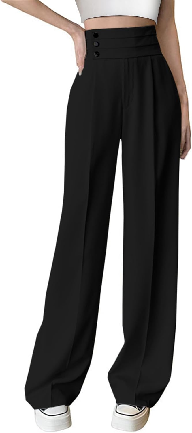 Betusline Women’s High Waist Dress Pants Business Side Button Work Wide Leg Pants Straight Leg Trousers, X-Small-XX-Large