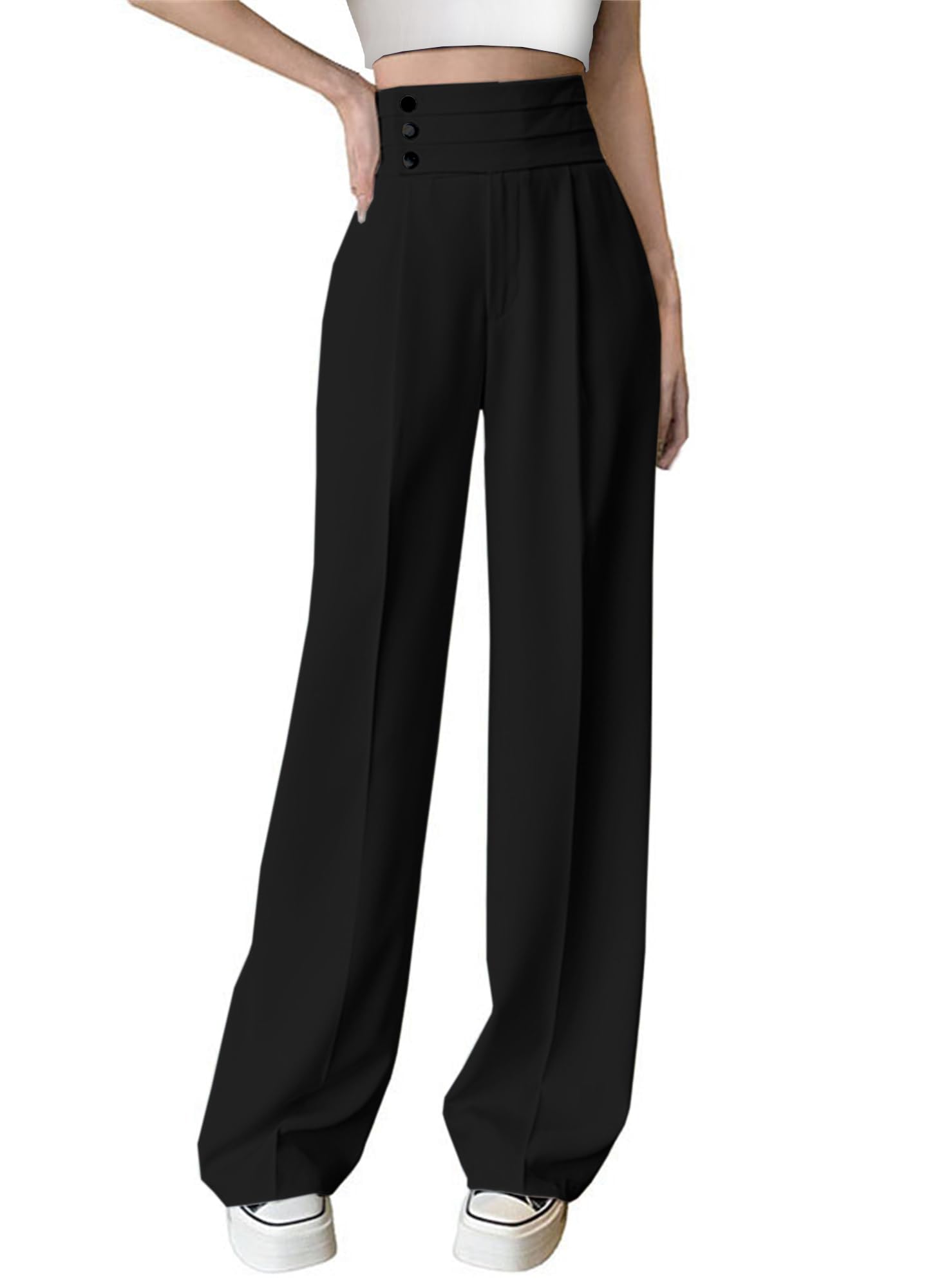 Betusline Womens High Waist Dress Pants Business Side Button Work Wide Leg Pants Straight Leg Trousers X-Small-XX-Large