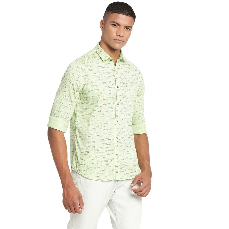 Image of Turtle Men Light Green Cotton Printed Slim Fit Casual Shirts