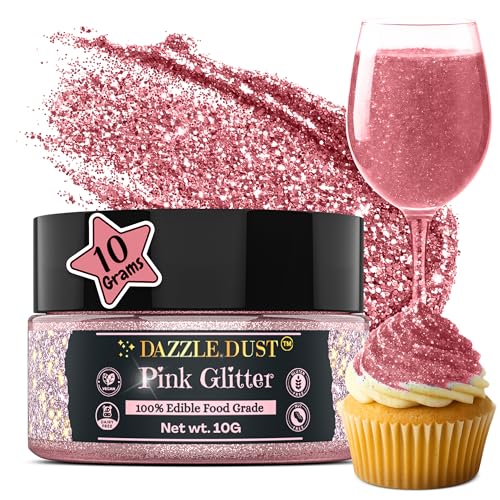 Dazzle Dust Edible Glitter Sprinkles for Cake Decorating, Drinks, Cookie, Icing, Dessert Decorations, Sparkly Luster, Food-Grade, Vegan, Gluten Free, Kosher, Bulk 10g, Pink