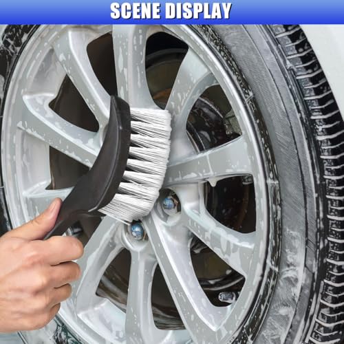 GAOLAOSY Car Wheel Brush, Stiff Bristle Short Handle Scrub Tire & Wheel Rim Brush, No-Scratch Carpet/Floor Mat Detailing Tool, Auto Interior and Exterior Cleaning Supply for Vehicle, Home (White)