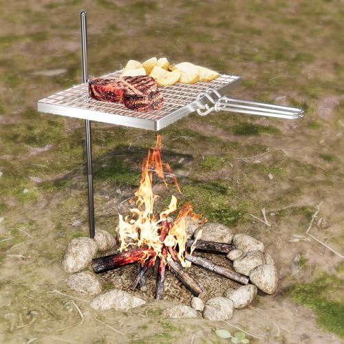 DPZM Parrilla giratoria para fogata, parrilla de acero resistente ajustable a 360°, esencial para camping, barbacoa sobre hoguera, equipo de cocina para cocinar al aire libre con llama abierta