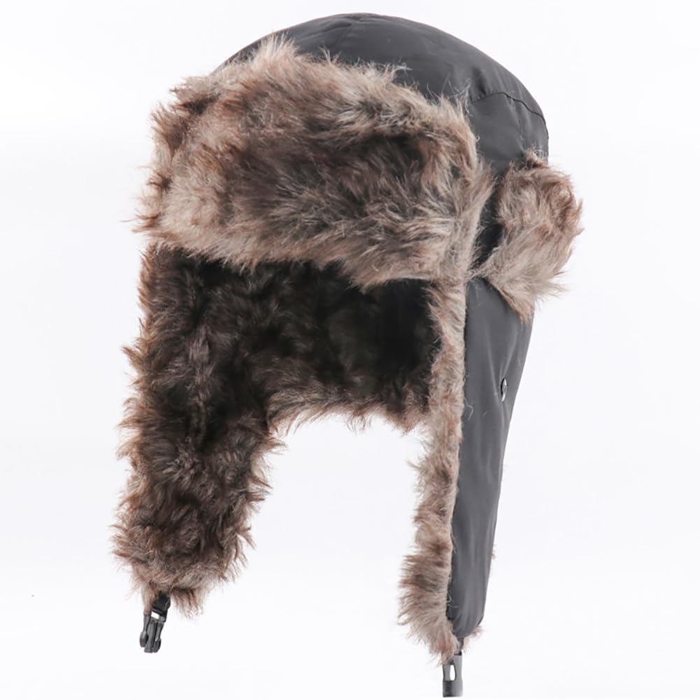 Winter Trapper Hats Unisex Faux Fur Hunting Hat Cold Weather Ski Cap Warm Windproof Trooper Hats with Ear Flaps Black