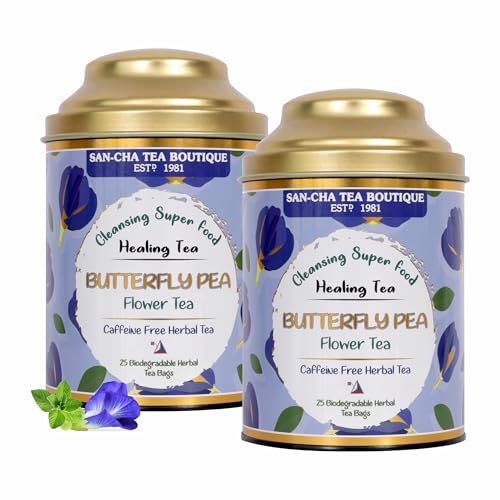 Image of Sancha Tea Boutique, Butterfly Pea Flower Herbal Tisane, 25 Pyramid Bags x 2, Caffeine Free, Brews Vibrant Blue or Purple, Perfect for Iced Beverages