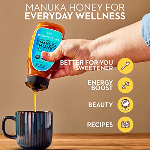Image of Wedderspoon Raw Manuka Honey 50+ MGO, 12 Oz, Squeeze Bottle, Unpasteurized New Zealand Honey, Non-GMO, BPA-Free Jar, Superfood & Natural Wellness Support