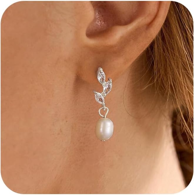 Ewrkbr Silver Earrings for Women,Dainty Pearl Drop Earring Trendy Silver Pearl Drop Earrings for Bride Simple Non Tarnish Earring for Women Jewelry