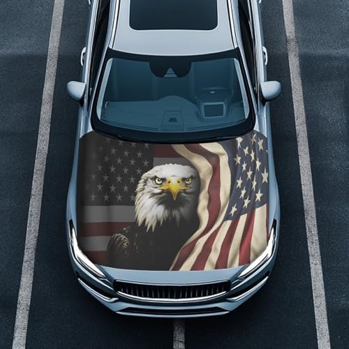 Image of Eagle Car Hood Cover American USA Flag Car Hood Cover Protector Elastic Fabrics Can be Washed Stretch Polyester Fabric Cover Personalized Suitable for Cars