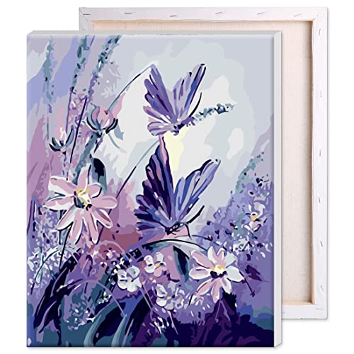 RIHE DIY Oil Painting Paint by Numbers Kits with Brushes Acrylics Painting Kits on Canvas for Adults Kids Beginner - Butterfly with Purple Flower 16x20 Inch(Wooden Framed)
