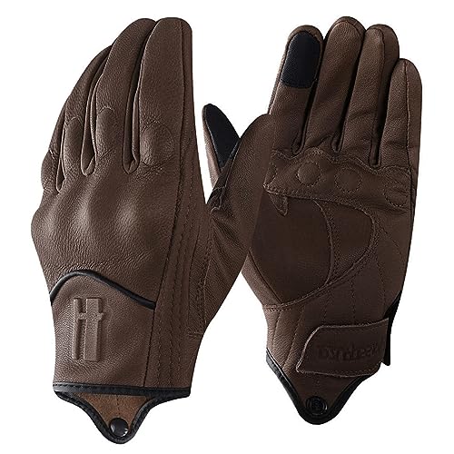 Harssidanzar Mens Motorcycle Gloves Fleece Lined Winter Warm Goatskin Leather Touchscreen GM041CA, Brown, Size Small