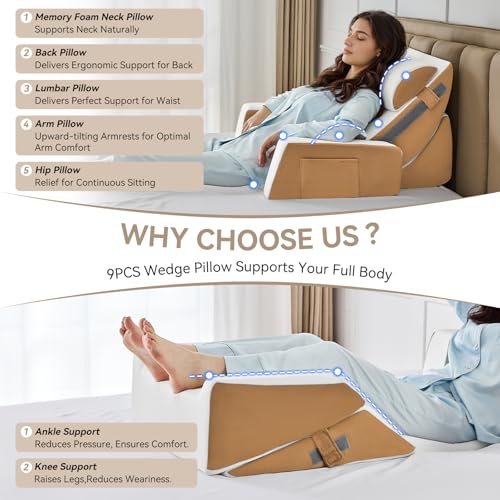 Image of Yojoker 9PCS Orthopedic Bed Wedge Pillow Set for Sleeping, Back and Leg Pain Relief, Post Surgery Foam Pillow for Body, Triangle Adjustable Support Pillow - Acid Reflux Sleeping Pillows Brown