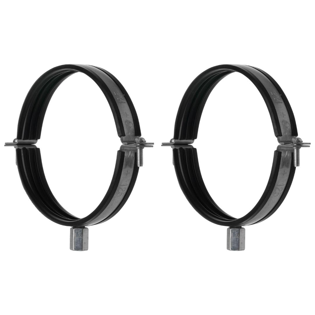 TURvent 2 Pack 125mm Duct Clamps with Rubber Gasket - 5 Inch Galvanised Steel Pipe Hangers with M8/M10 Thread - Mounting Brackets for HVAC Ducting