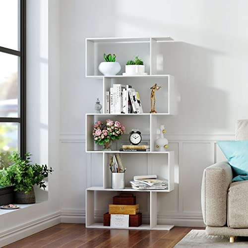 Function Home Geometric Bookcase Wood, S Shaped Bookshelf 5-Tier, Modern Freestanding Multifunctional Decorative Storage Shelving Display Shelves, White Book Shelf Tall Narrow For Bedroom Living Room #TOP5