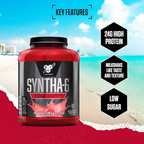BSN Nutrition Protein Powder Syntha 6 Edge Low Carb and Sugar Whey Protein Shake with Whey Protein Isolate and BCAAs, Muscle Gain Powder, Strawberry Milkshake Flavour, 48 Servings, 1.87 kg